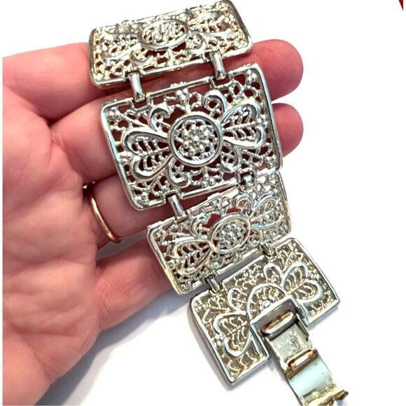 Vintage 1970's bracelet wide silvertone filigree panels mod chunky chain link - Picture 4 of 6